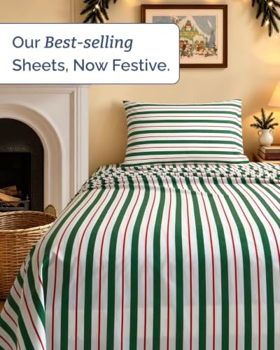 Christmas Sheet Set, Cabana Stripe, Holiday Xmas Bedding Set - Twin XL Size