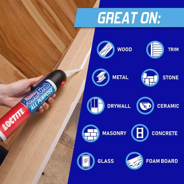 Loctite Power Grab Express All Purpose Construction Adhesive, 7.5 fl oz, 9 Pressure Pack - Versatile Construction Glue for Cement, Tile, Wall & More