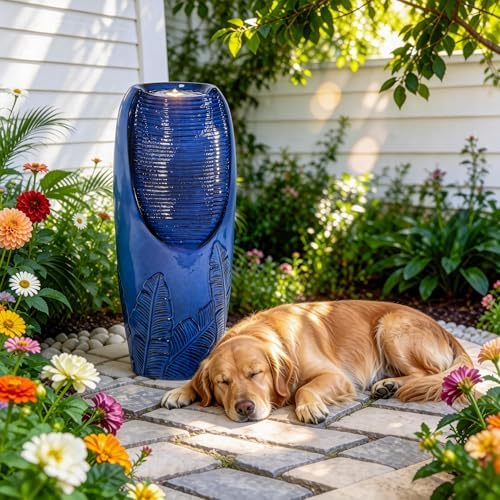 Autodaya 33" Outdoor Fountain with LED Lights, Rich Blue Glaze Ceramic Jar
