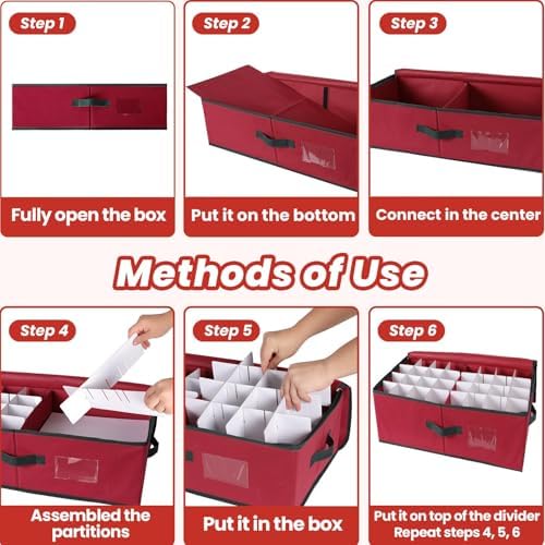 BlessedSeason Christmas Ornament Storage Box -Stores Up to 64 3” Balls, Holiday Ornaments Storage with Adjustable Dividers, Visual ID Window, Dual Zipper, Handles, Stackable, Foldable Fabric Organizer