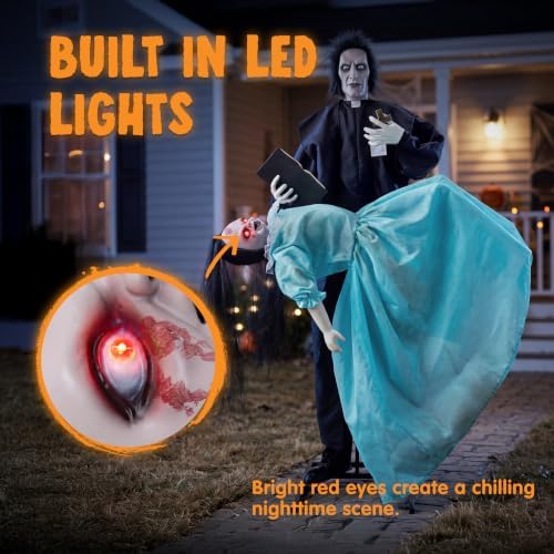 JOYIN 69" Halloween Animatronic Decorations Outdoor Exorcist Priest and Levitating Girl, 2 Pcs Sound Activated Life-Size Prop with Floating Movement, Scary Haunted House Props for Garden Yard Lawn