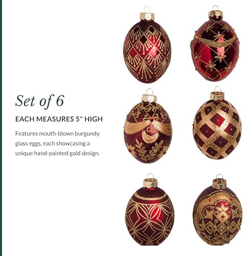 Balsam Hill Brilliant Bordeaux Egg Bauble Christmas Ornaments - Glitter & Grandeur Vintage Style Tree Decorations, 6 Pieces for Holiday Décor