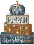 Lineshading 4 Pcs Blue Pumpkin Wooden Block Signs Fall Farmhouse Decor