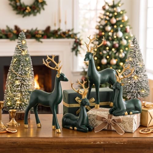 Thyle 4 Pcs Christmas Reindeer Decor Indoor Dark Green Resin Deer Figurine