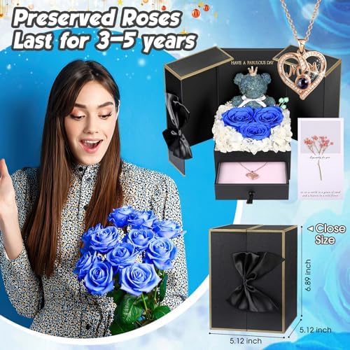 ADDWel Luxury Gifts for Mom from Daughter Son, Preserved Blue Rose Gift Box with I Love You MOM Necklace in 100 Languages, Elegant Birthday Gifts for Mom