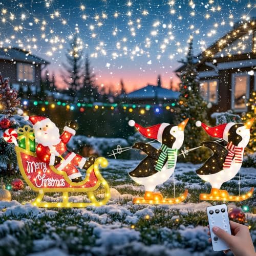 Penguin Sleigh Santa Outdoor Christmas Decoration with Timer&Remote Control