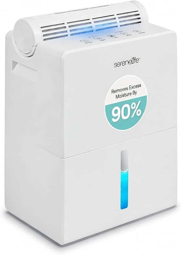 SereneLife 91 OZ Dehumidifier For Home | Covers 1200 SQ FT For Basements, Bedrooms, Bathrooms & Offices | Includes Removable Natural Dehumidifier For Closet | Set Timer, Sleep Mode & Humidity | White