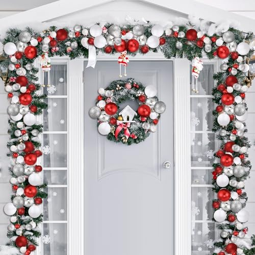 2 Pcs 6 ft Christmas Ball Ornament Garland, Red, White, Silver