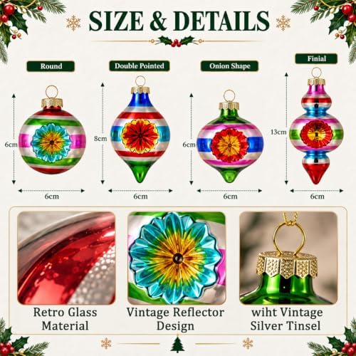 12 Pcs Vintage Glass Christmas Ornament Reflector Decor, Finial