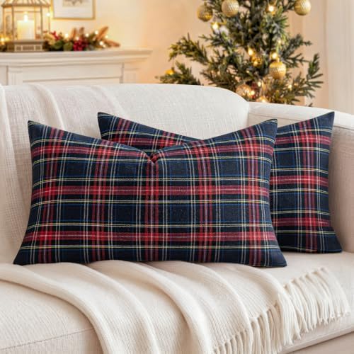 MIULEE Christmas Plaid Pillow Covers Scottish Tartan 12x20 Blue