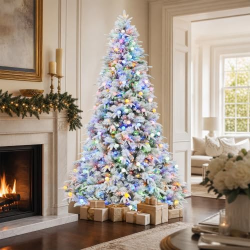 Hykolity 9 ft Prelit Flocked Christmas Tree, 600 Color Changing LED Lights, Artificial Christmas Pine Tree with Red Berries, 2842 PE&PVC Branch Tips, Metal Stand and Hinged Branches, 10 Modes