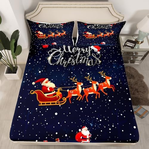 Bed Sheets Kids Boys Sled Car Sheet Set 3 Pcs Child Santa Claus and Elk Sheets Set + Deep Pocket Fitted Sheets + Snowing Flat Sheet 1 Pillow Sham,Twin Size