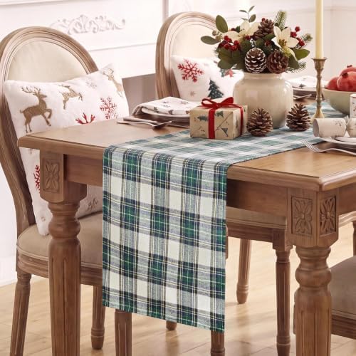 Softalker Christmas Checkered Table Runner, Green and White, 13 x 70 Inch