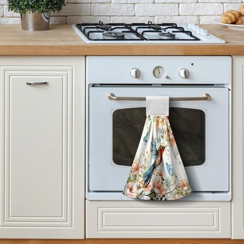 Floral Birds Hand Towels with Hanging Loops Garden Watercolor Floral Hummingbird Butterfly Hanging Kitchen Towels Set of 2 Spring Summer Soft Absorbent Bath Tie Towel Oven Stove Dish Washcloths