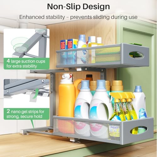 2 Pack Under Sink Organizer, 2 Tier Pull out Cabinet Organizer Mesh Baskets with 5 Adjustable Heights, Sliding Drawers Storage Shelf for Home, Kitchen, Bathroom, Pantry, Office, Countertop ,Grey