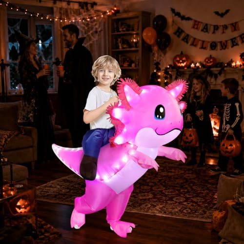 Stegosaurus Inflatable Axolotl Costume for Kids with LED Lights, Ride-On Blow Up Halloween Cosplay Outfit for Girls and Boys