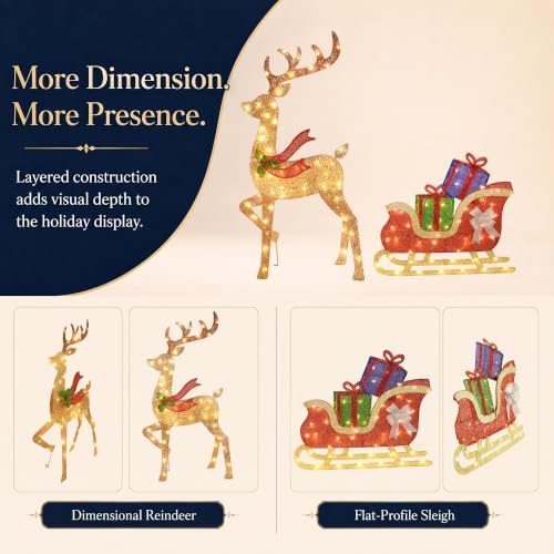 43 ‌"‌ 2.5D Lighted Christmas Reindeer with Sleigh Outdoor Decorations, Deer Pulling Gift Sled with 100 Warm White Lights, Stakes and Zip Ties for Yard Lawn Porch Garden Holiday Decor