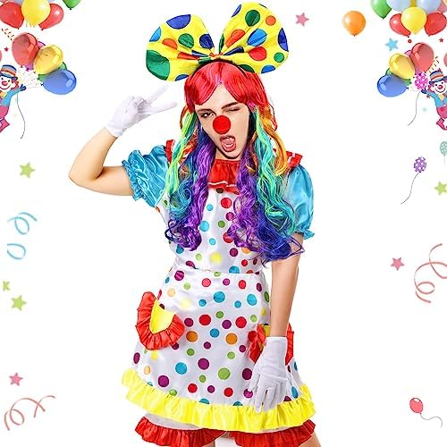 Handepo 6 Pcs Halloween Clown Costume Women Circus Dress Rainbow Wig