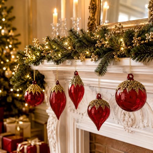 Yerliker 12 Pcs Red Christmas Glass Ball Ornaments Xmas Hanging Decoration