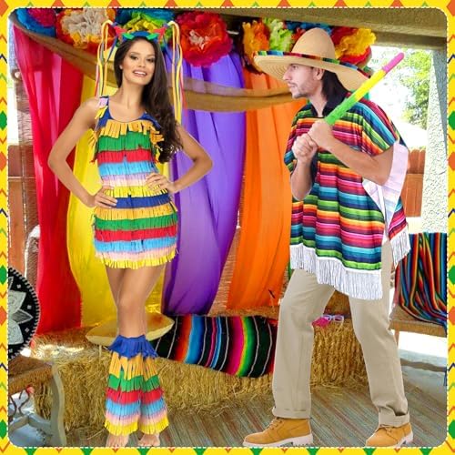 6 Pcs Halloween Pinata Couple Costume Set Costumes Mexican Cinco De Mayo Outfit for Couple Fiesta Dress Cosplay