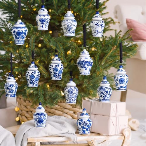 Peryiter 12 Pcs Blue White Christmas Ornaments Ginger Jar, Minimalist