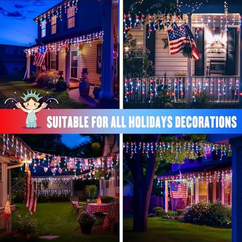 JMEXSUSS Icicle Lights for 4th of July Decor, 400 LED Red White and Blue