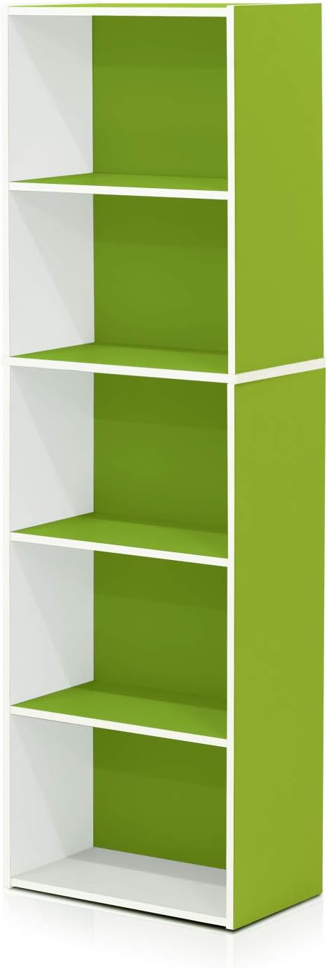 Furinno LUDER Book Shelf, 5-Tier Bookshelf, Bookcase with Open Shelves, 9.4 x 15.8 x 52, Easy Assembly, for Living Room, Bedroom, Home Office, White/Green