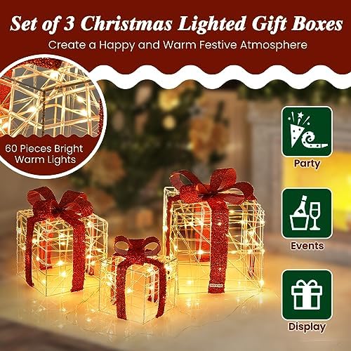 Tangkula Set of 3 Christmas Lighted Gift Boxes, Christmas Box Decorations