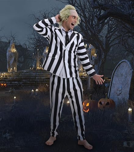 4 Pcs Black and White Stripe Suit with Wig - Adult Halloween Cosplay Outfits for Movie Role Play, Horror Theme Party