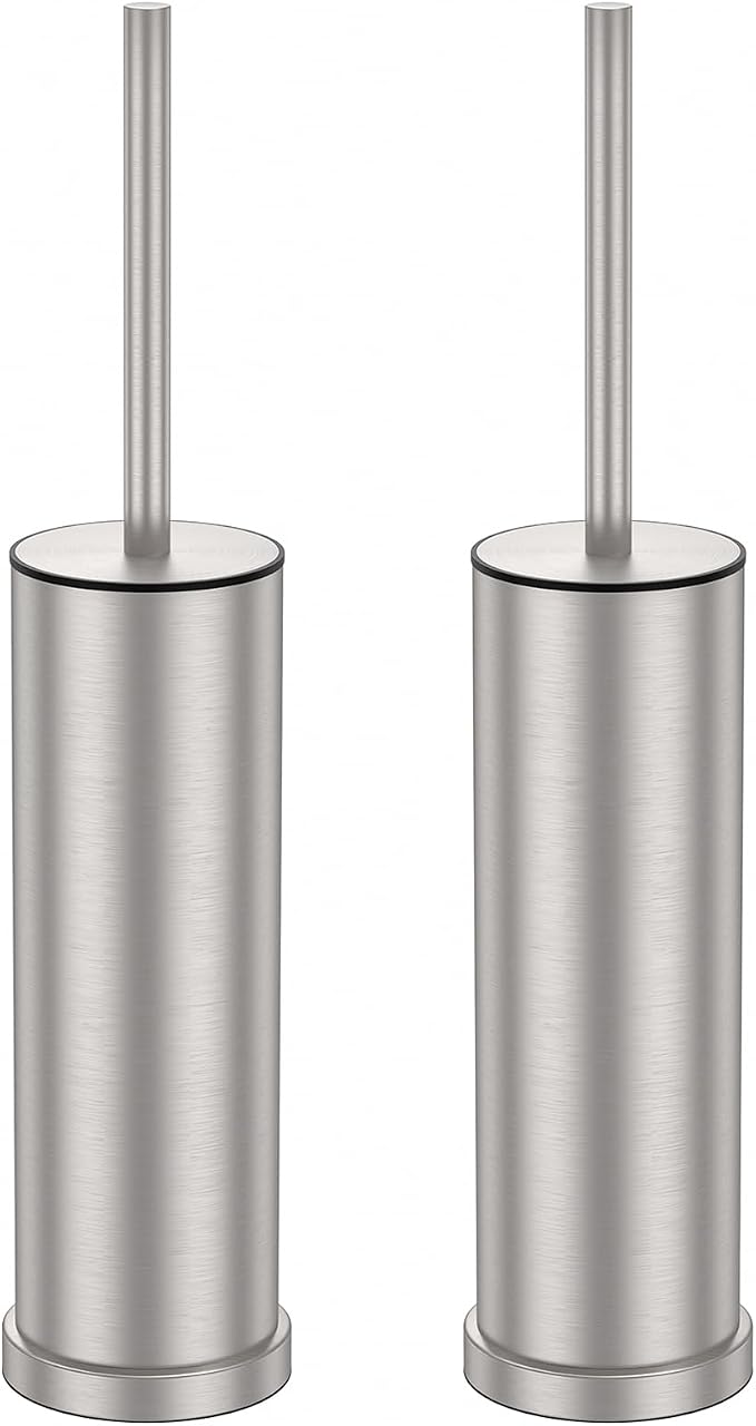Stain Nickel Toilet Brush and Holder Set，2 Pack Stainless Steel Heavy Duty Toilet Bowl Brush，Extra Long Handled Toilet Cleaner Brush with Replaceable Head, Removable Inner Bowl & Splash Protection