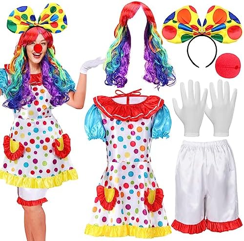 Handepo 6 Pcs Halloween Clown Costume Women Circus Dress Rainbow Wig