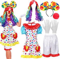 Handepo 6 Pcs Halloween Clown Costume Women Circus Dress Rainbow Wig