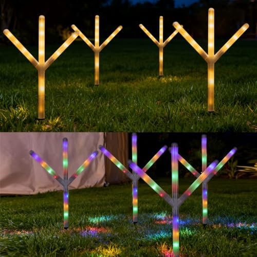 4PK 64 LED Branch Stake Lights, 11 Modes 9.8 FT Total Length, Decoration Lights, Outdoor Use, Battery Operated for Holiday, Classroom, Party, Christmas (Warm White+Multi-Color)