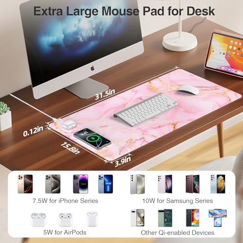 Pink Marble Mouse Pad with 15W Wireless Charging, 31.5"x15.8" in