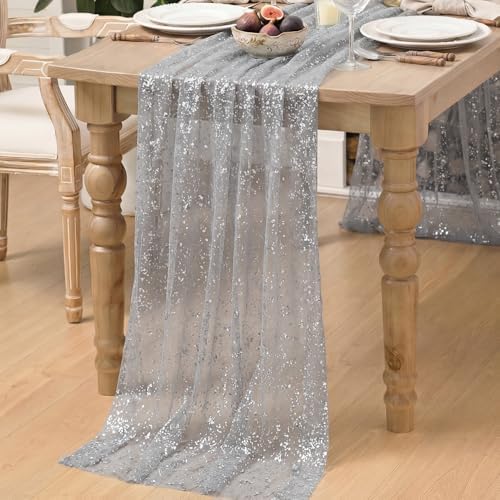 Artoid Mode Grey Gold Gauze Table Runner 120 Inch 10FT, Glitter Metallic Foil Sheer Dining Wedding Anniversary Holiday Birthday Table Decor for Home Party
