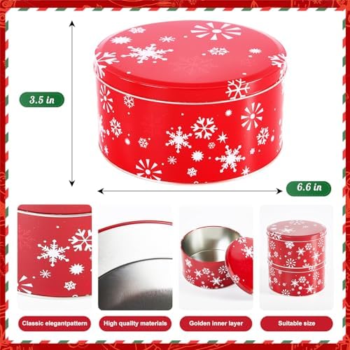 6Pieces Christmas Cookie Tins, 6.5Inch Round Cookie Containers, Empty Metal Cookie Tins with Lids for Christmas Holiday Gift Giving