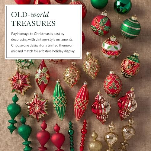 Balsam Hill Christmas Cheer Bauble Set - Old-World Holiday Treasures Vintage Ornaments, 35 Pieces for Tree Decorations