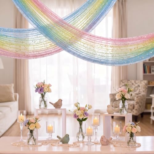 Artoid Mode 2-Pack Gold Gauze Table Runner 120 Inch 10FT, Rainbow Glitter Metallic Foil Sheer Dining Wedding Anniversary Holiday Birthday Table Decor for Home Party