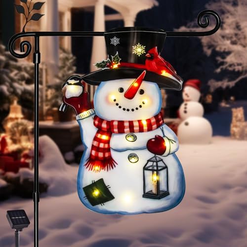 Lighted Christmas Snowman Garden Flag, 8 Modes Solar LED