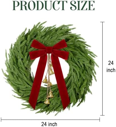 Christmas Decor, 24" Norfolk Pine Christmas Wreath with Velvet Bow & Bells