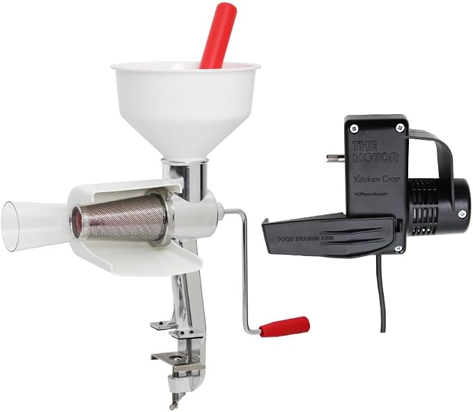 Johnny Apple Sauce Maker, Tomato Sauce Maker, Remove Skins & Seeds From Produce, Model 250 Clamp Based Food Strainer with Electric Motor (Strainer + Motor)