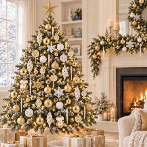 130 Pcs Gold & White Christmas Ball Ornaments, Shatterproof