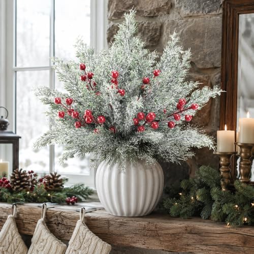 80 Pcs Artificial Christmas Snow Pine Branches Red Berry Stems Faux Sprigs