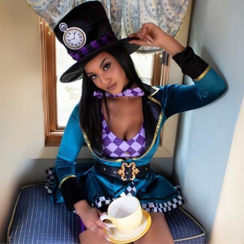 Leg Avenue Mad Hatter Costume with Dress, Jacket, Belt, Bow, Hat
