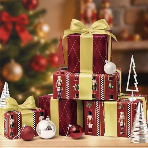 LaRibbons Nutcracker Christmas Wrapping Paper, Red Gold Foil Argyle Plaid