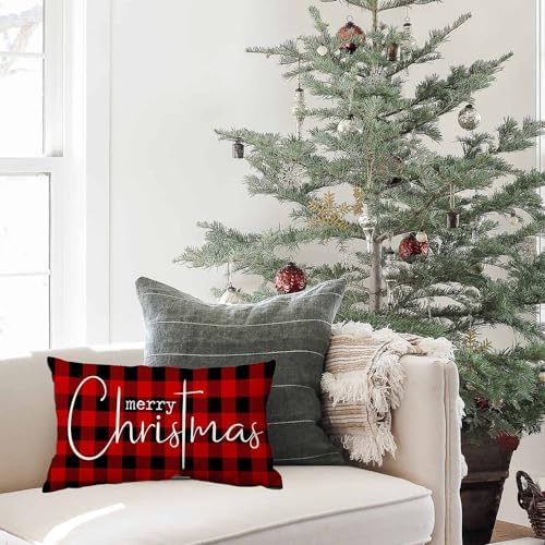 Allorry Christmas Pillow Covers Merry Christmas Throw Pillow Decorative Christmas Red and Black Cotton Cloth Linen Cloth Pillow Cover Sofa Cover Decorative Rectangle Length 12X20