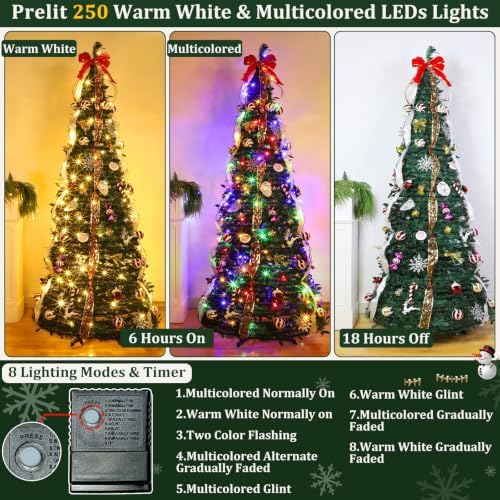 7 FT Prelit Pop Up Christmas Tree with 250 Warm White & Multicolor Lights 8 Modes & Timer Fully Decorated 103 Ornaments, Collapsible Pull Up Christmas Tree with Lights for Indoor Home Party Decor