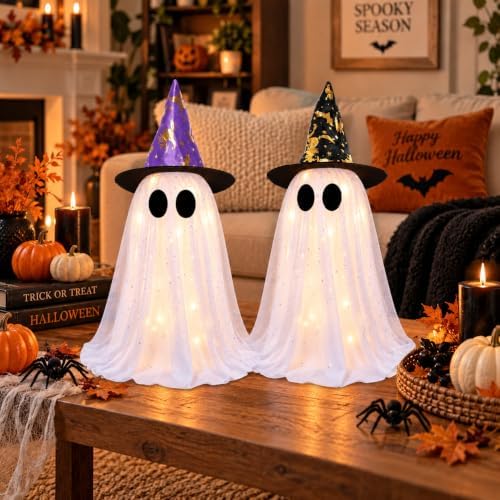 2 Pack Lighted Halloween Ghost Decorations Indoor Outdoor, Cute Glowing Freestanding Ghosts with Witch Hat & Telescopic Stand, 8 Lighting Mode Battery Operated Light Up Spooky Room Tabletop Home Decor