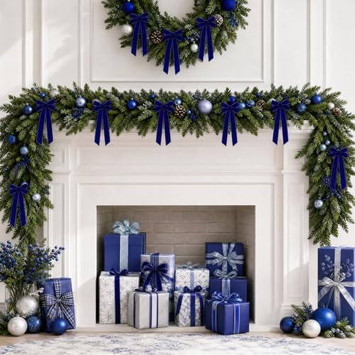 12Pcs Blue Velvet Ribbon Bows Christmas Tree Decorations,5in x 10in Xmas Ornaments for Tree Home Party Front Door Wreath Garland Holiday Decor