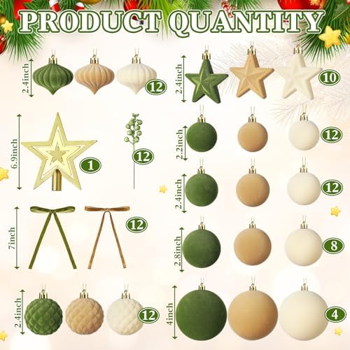 Hollowfly 95 PCS Velvet Christmas Tree Decor Set, Green, Brown, Beige